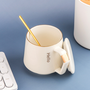 北欧风格陶瓷杯马克杯带盖子小勺子办公水杯咖啡牛奶杯文化创意杯