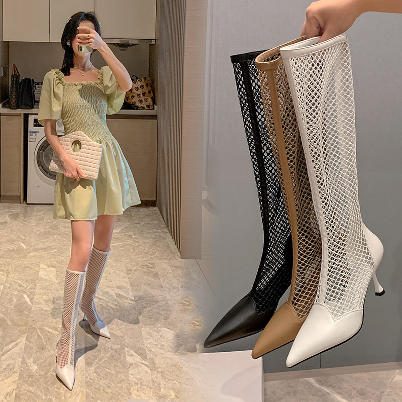 显瘦尖头长靴女夏季新款高跟网面凉靴镂空网纱高筒靴细跟薄款网靴