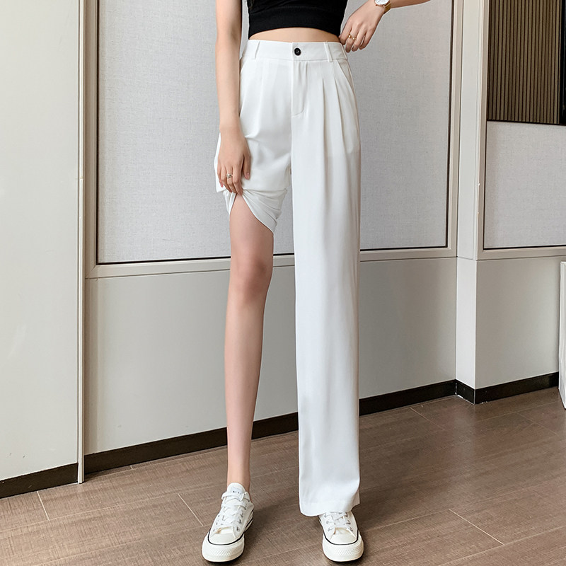 实拍白色西装裤女2021夏季薄款直筒宽松高腰垂感休闲拖地阔腿裤子