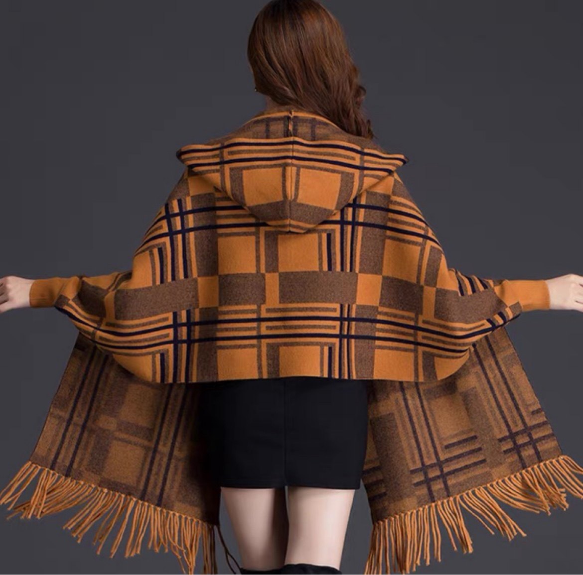 条纹格子羊绒披肩连帽外套2022秋中长款百搭外披时尚外搭毛衣斗篷