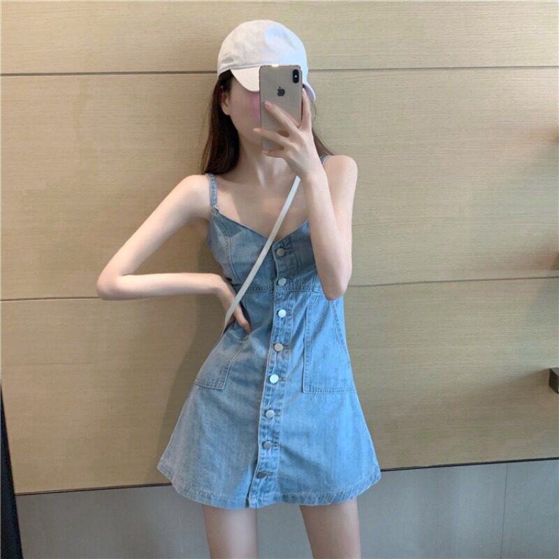裙子女新款2021新短裙修身气质连衣裙辣妹小个子性感牛仔吊带裙