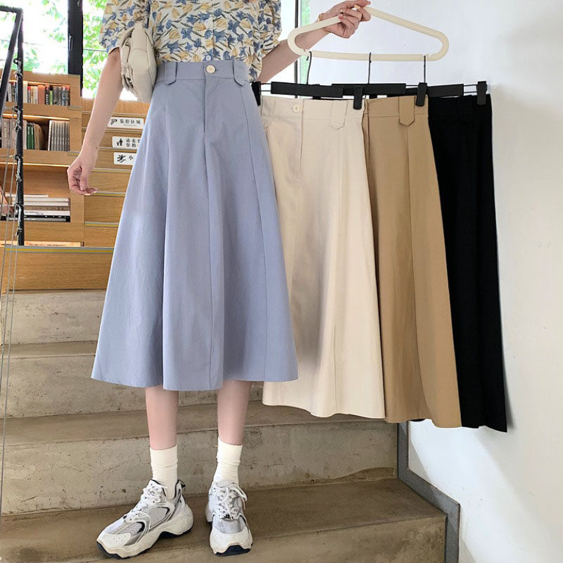 蓝色半身裙女秋冬中长款a字裙高腰伞裙2021新款小个子长裙子ins风