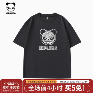 Hipanda你好熊猫男生纯棉宽松短袖T恤2024夏季新款情侣装潮牌t恤