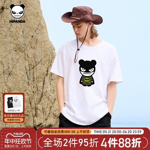 Hipanda你好熊猫蝙蝠熊设计潮牌短袖T恤2024夏季新款男生个性短t