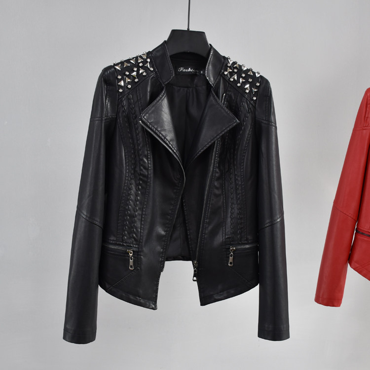 摩迪潮品女装的优惠券大全—皮衣女2021秋装新款立领肩上铆钉修身收腰