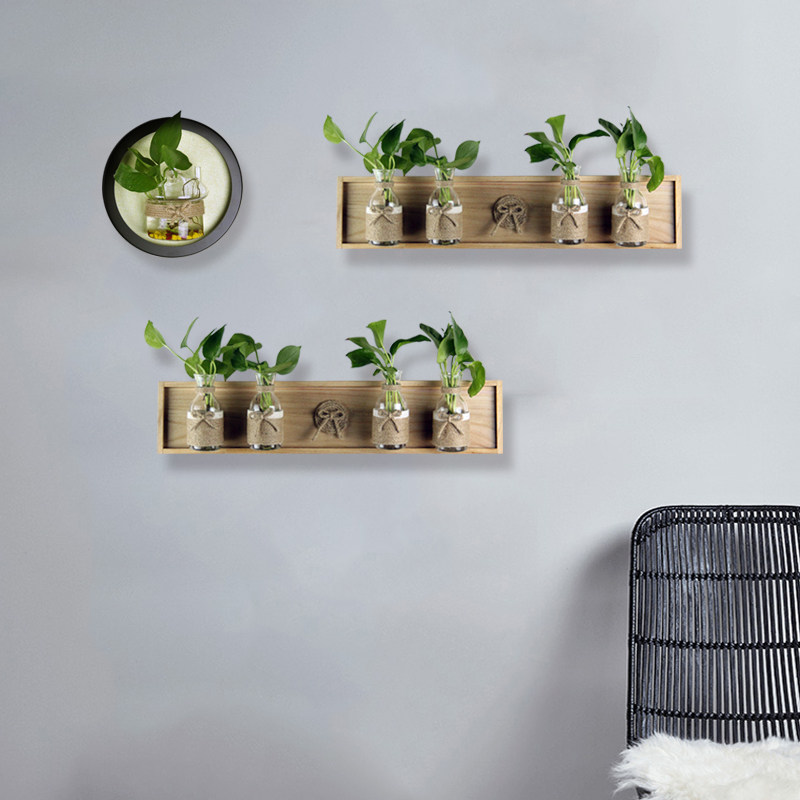 日式壁挂墙面木板手工麻绳玻璃花器创意室内房间装饰工艺品挂件