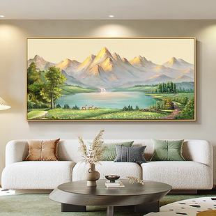 现代简约客厅装饰画山水风景挂画美式沙发背景墙手绘油画日照金山