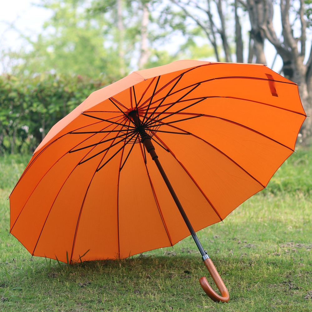 Qiutong复古桔色男女16骨抗风长柄伞自动晴雨伞家居商务优质雨伞