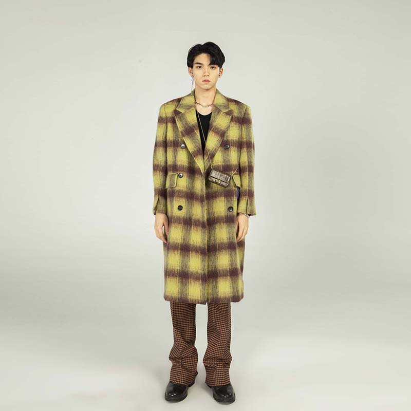 WQJI原创设计2021冬季新款外套格子羊毛大衣男中长款复古秋冬西装