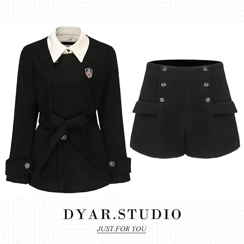 高级假两件西装外套短裤两件套女秋新款韩系学院风设计感黑色上衣