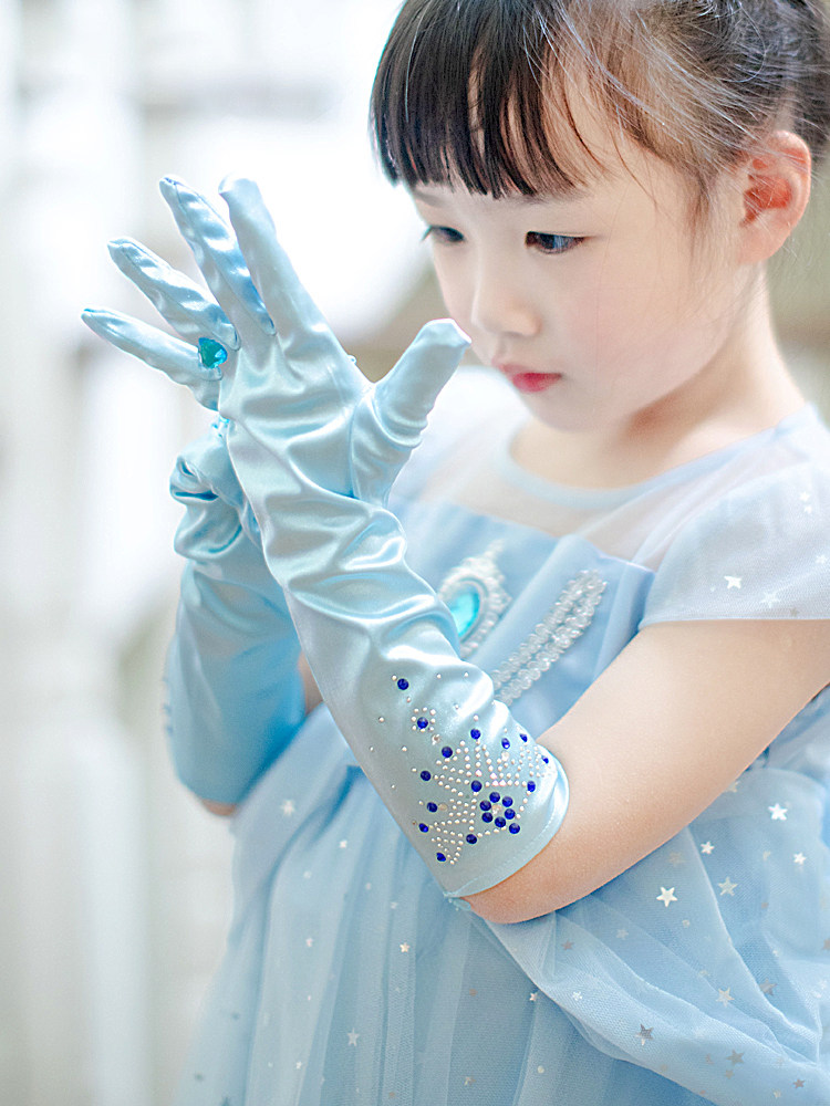 冰雪奇缘艾莎公主手套儿童饰品爱莎款女童长筒小女孩宝宝五指蓝色