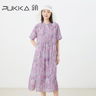 蒲PUKKA原创设计女装夏季苎麻艺术印花立领短袖新中式连衣裙