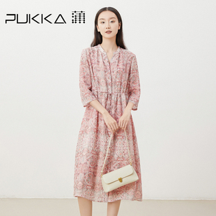 蒲PUKKA 原创女装夏季新品苎麻印花法式度假宽松舒适连衣裙