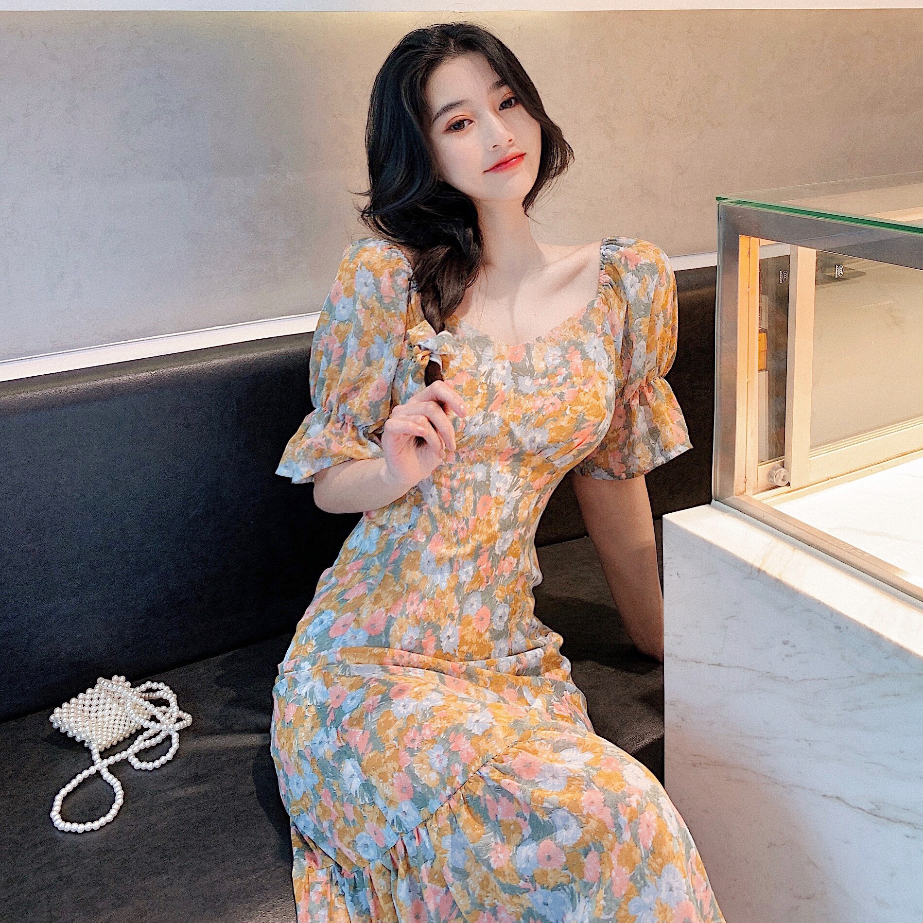 实拍实价 复古小碎花v领连衣裙高腰显瘦仙女中长裙