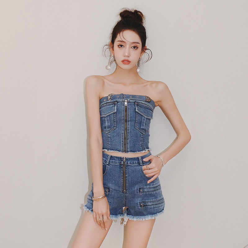 设计师品牌masionwester张碧晨徐璐同款拉链牛仔抹胸短裤套装
