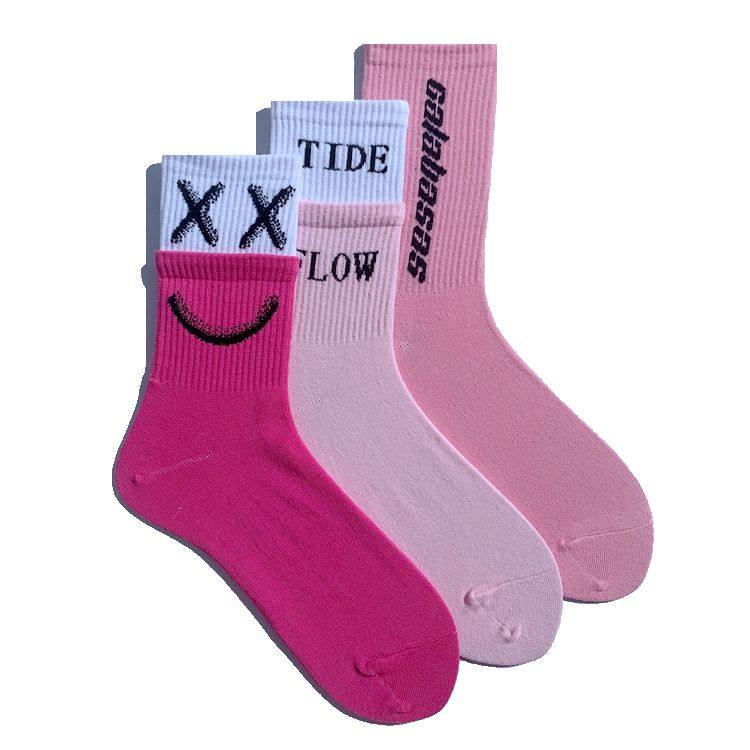 粉红袜子潮ins网红男女中筒 日系学院风欧美街头条纹滑板袜棉长袜