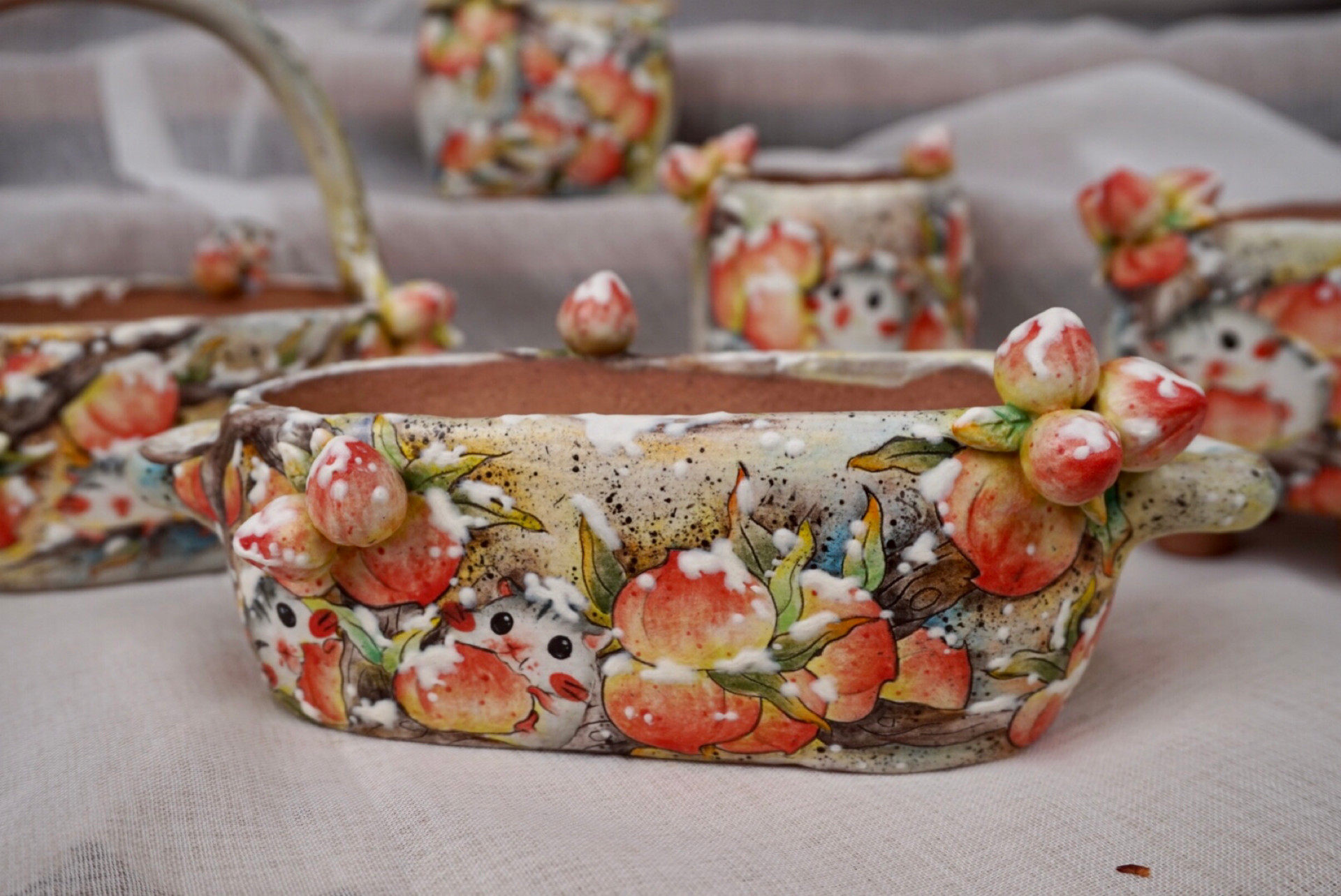 多肉植物花盆精工小众手捏粗陶釉烧可爱雪桃小仓鼠 - tozzi 陶艺手作