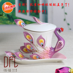 创意手绘孔雀骨瓷咖啡杯碟勺带盖情人对杯子欧式茶杯套装陶瓷水杯
