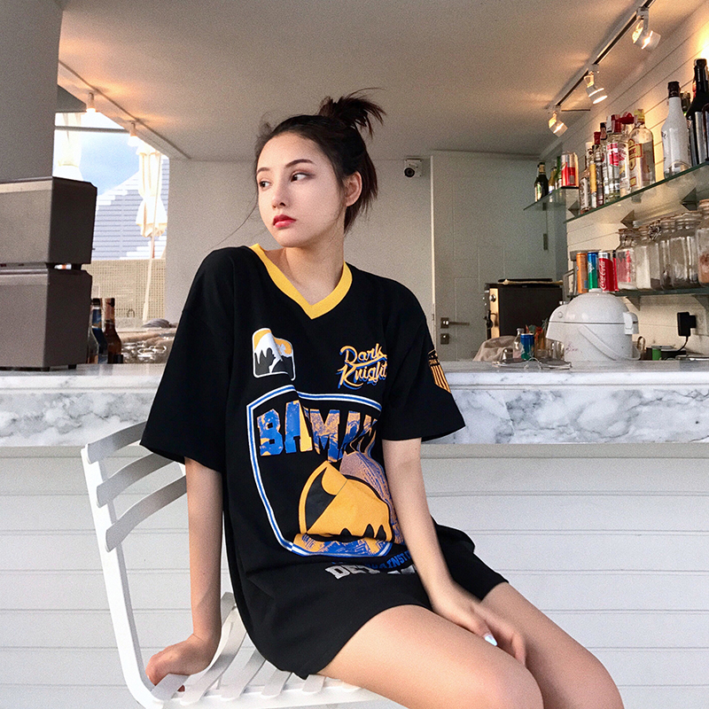 X-PANDA短袖女2018新款韩版宽松下衣失踪印花bf打底衫运动棒球T恤