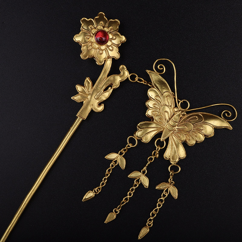 镶金堂花飞蝶舞百搭小花簪纯银鎏金手工花丝古风汉服发簪高端头饰