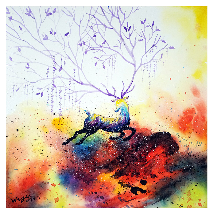 魏欣《秘境之鹿》纸本水彩