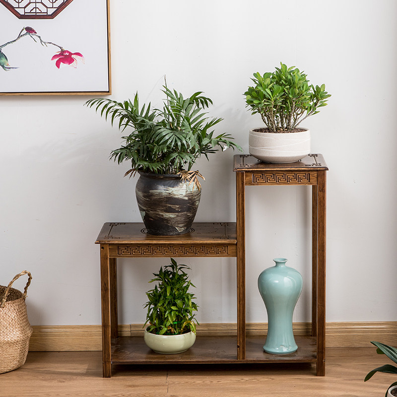 热销花盆木架子 多层_客厅中式木花架花盆架阳台简约现代花几楠竹多层