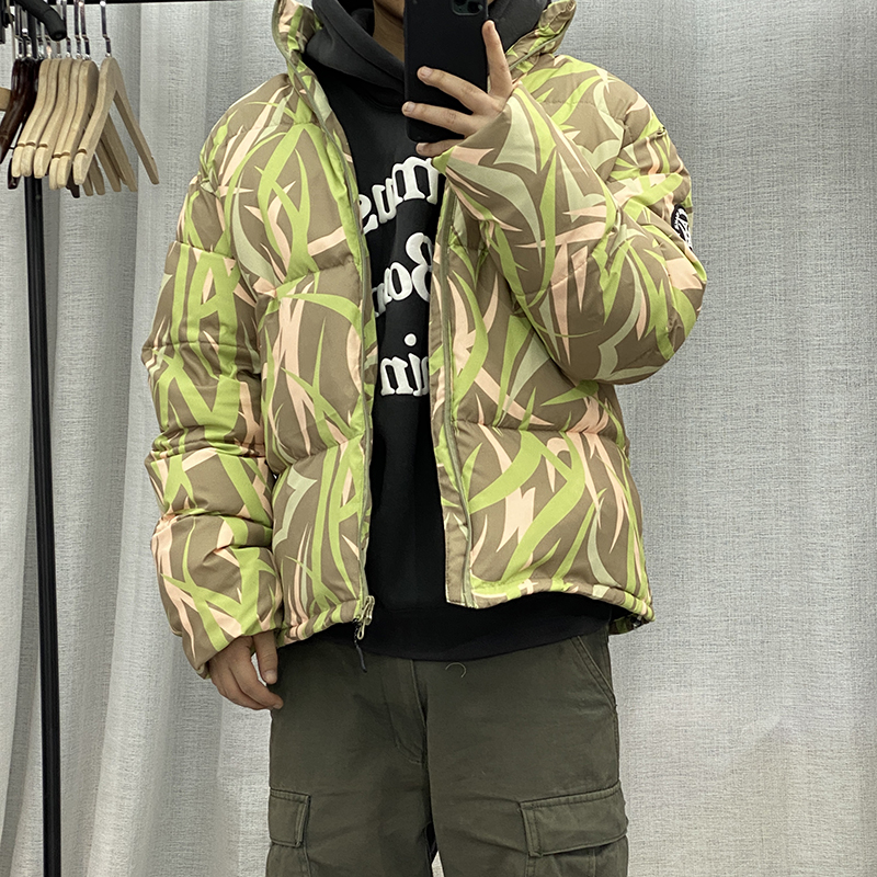 羽绒服陈冠希同款_自制 陈冠希同款满印绿荆棘保暖加厚鸭绒羽绒服情侣