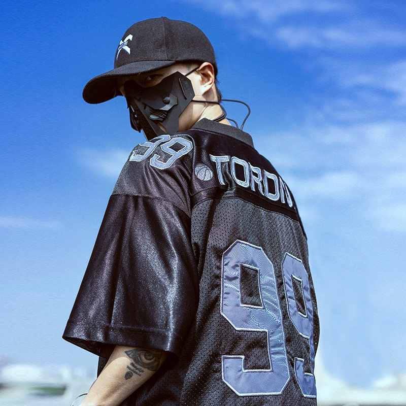 美式街头街舞嘻哈橄榄球服原宿宽松bf风绣字母运动网眼v领短袖潮优惠