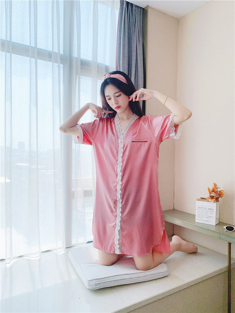 新款花边蕾丝冰丝色丁开衫宽松长裙睡裙睡衣女家居服