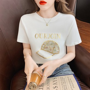 韩国印花圆领短袖T恤女夏装2024新款夏季薄款遮肚上衣设计感小众