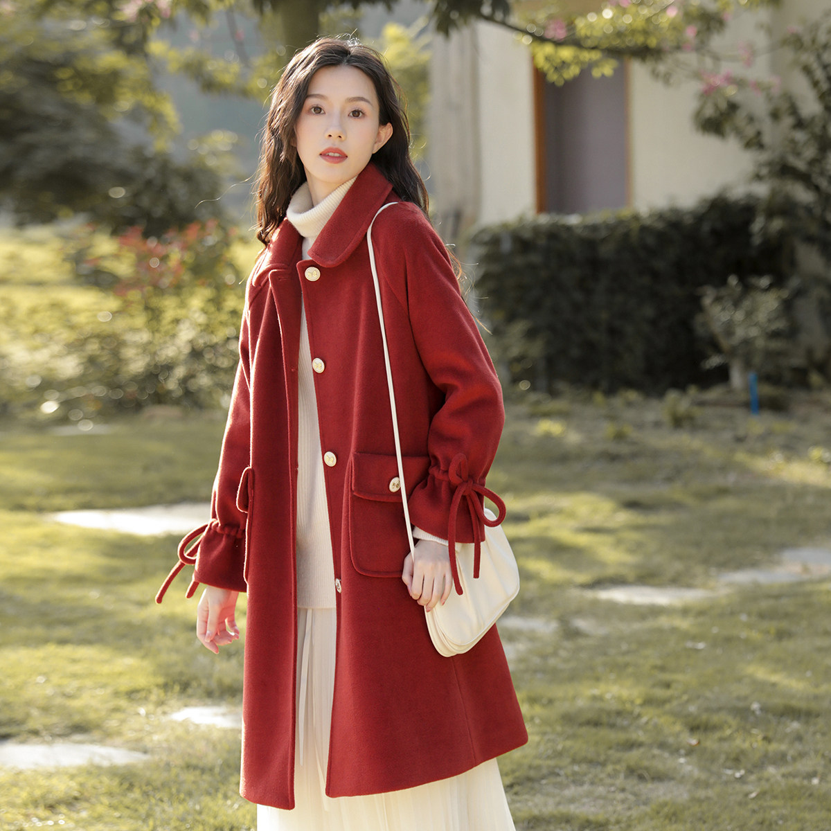 冬季2021年新款复古红色呢子大衣冬季小众中长款小个子毛呢外套女