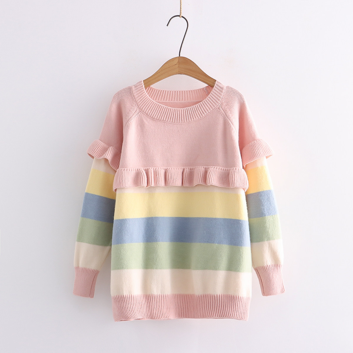 日系甜美小清新少女学生软妹学院风花边彩虹套头毛衣女秋冬针织衫