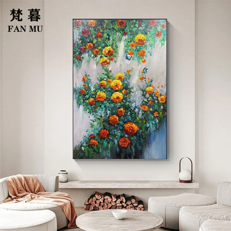 纯手绘油画花卉蔷薇花现代简约家居装饰画玄关客厅卧室背景挂画定