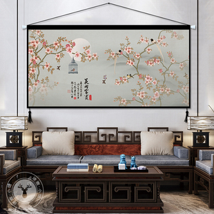 新中式工笔花鸟装饰画书房客厅壁画中国风挂画布艺背景墙挂布挂毯