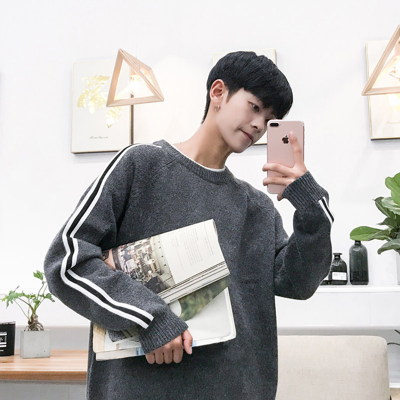 韓版男士秋鼕季毛衣修身圓領長袖打底加厚上衣線衣潮男裝針織衫男