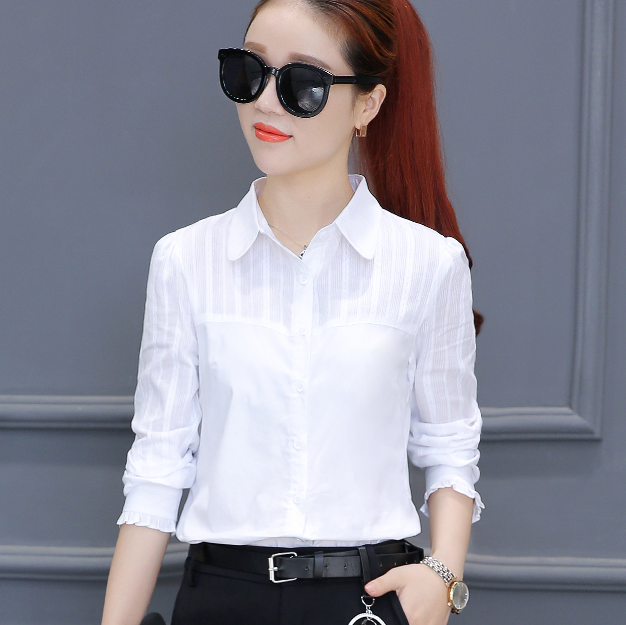 2022春秋长袖白色衬衫衣女土加绒带绒职业加厚内搭村杉讨寸衬衣褂