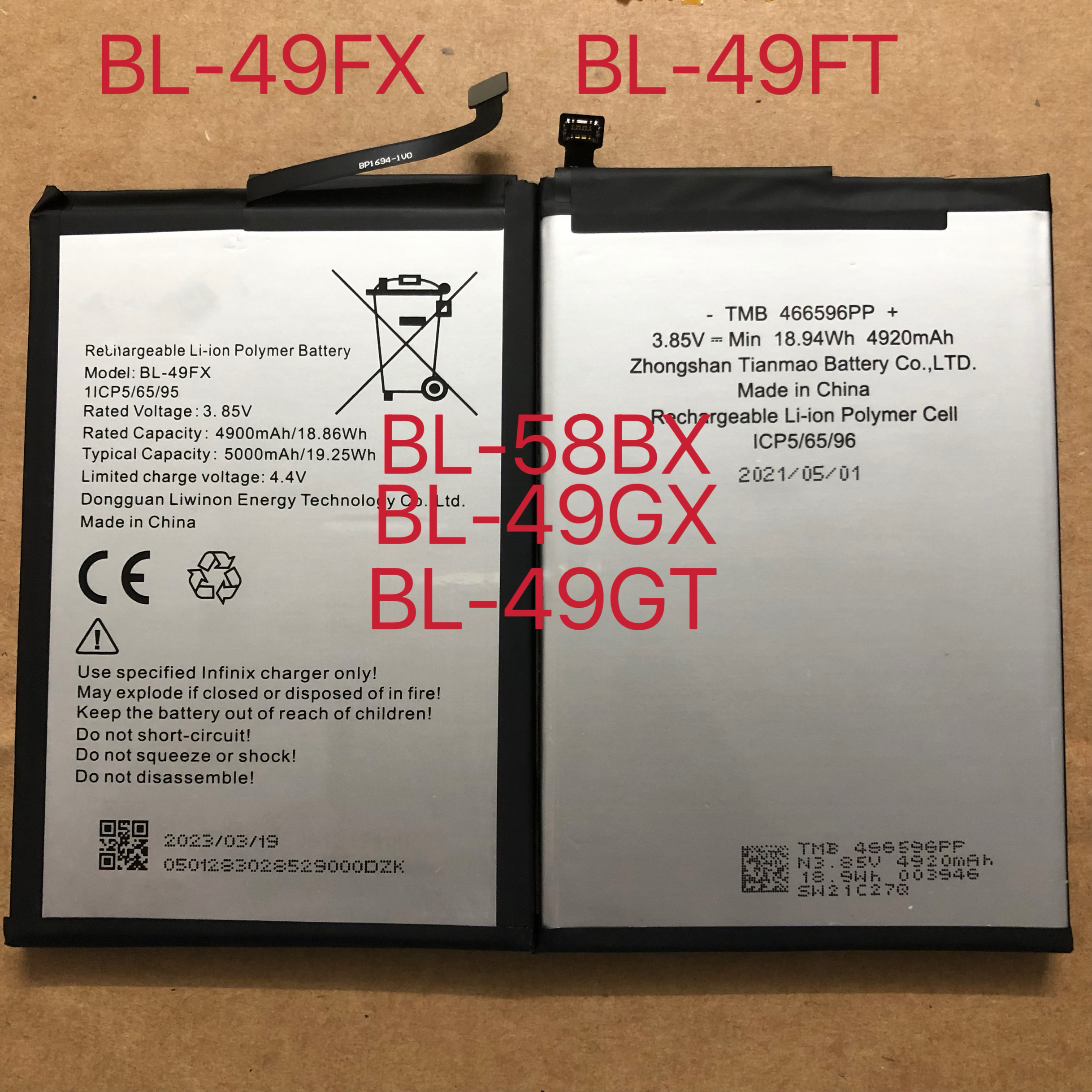 适用传音TECNO infinix BL-49FX，49FT，58BX，49GT49GX手机电池