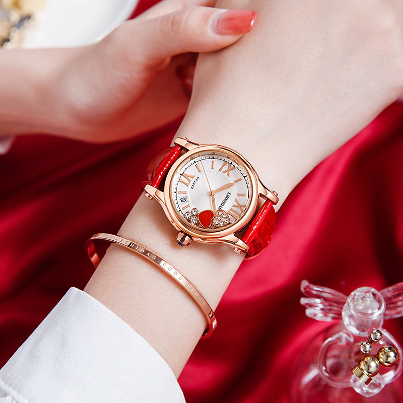 瑞士正品新款列奥尼达全自动女士手表红色皮带气质百搭女款表防水