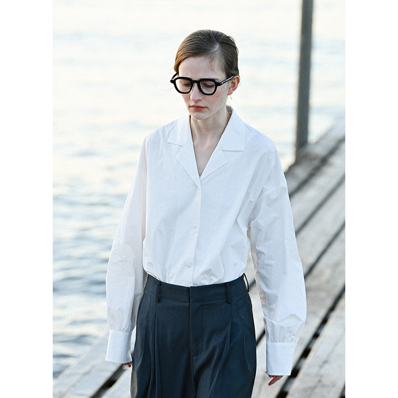 cycle document  法式简约古巴领长袖衬衫女宽松白色高密棉布衬衣
