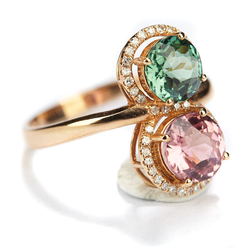 【即拍即得】主石共2.1ct 红绿撞色碧玺戒指 18k金镶钻石 全净体