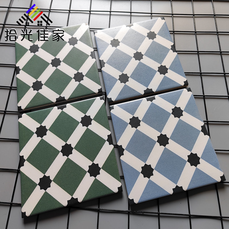 绿色菱形格子花砖200×200阳台卫生间浴室防滑地砖摩洛哥复古瓷砖