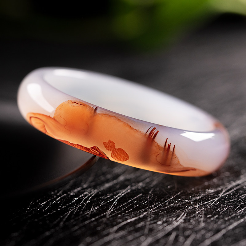 天然巴西玛瑙海洋玉髓玉石贵妃手镯手环冰透水晶风景象形加宽加厚