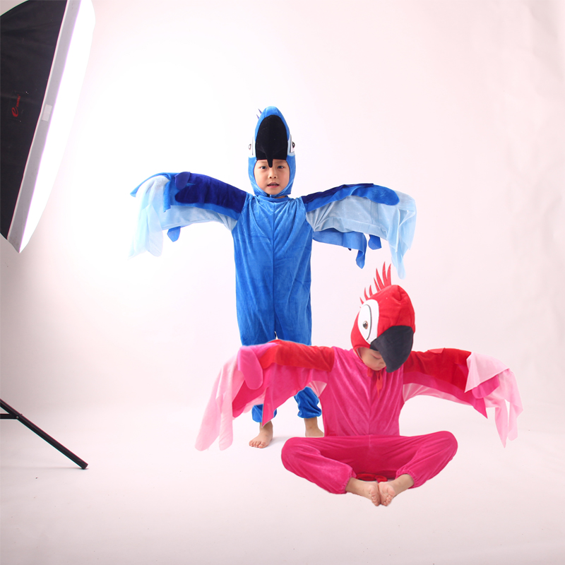 儿童动物卡通鹦鹉表演服蓝色巨嘴鸟演出服红色舞蹈长裤袖套装帽子