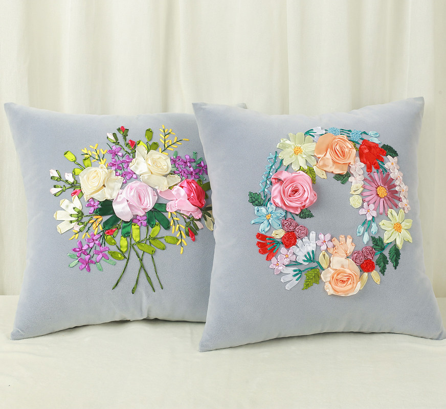 丝带绣抱枕diy刺绣 立体绣2021新款彩带十字绣抱枕套手工缎带自绣