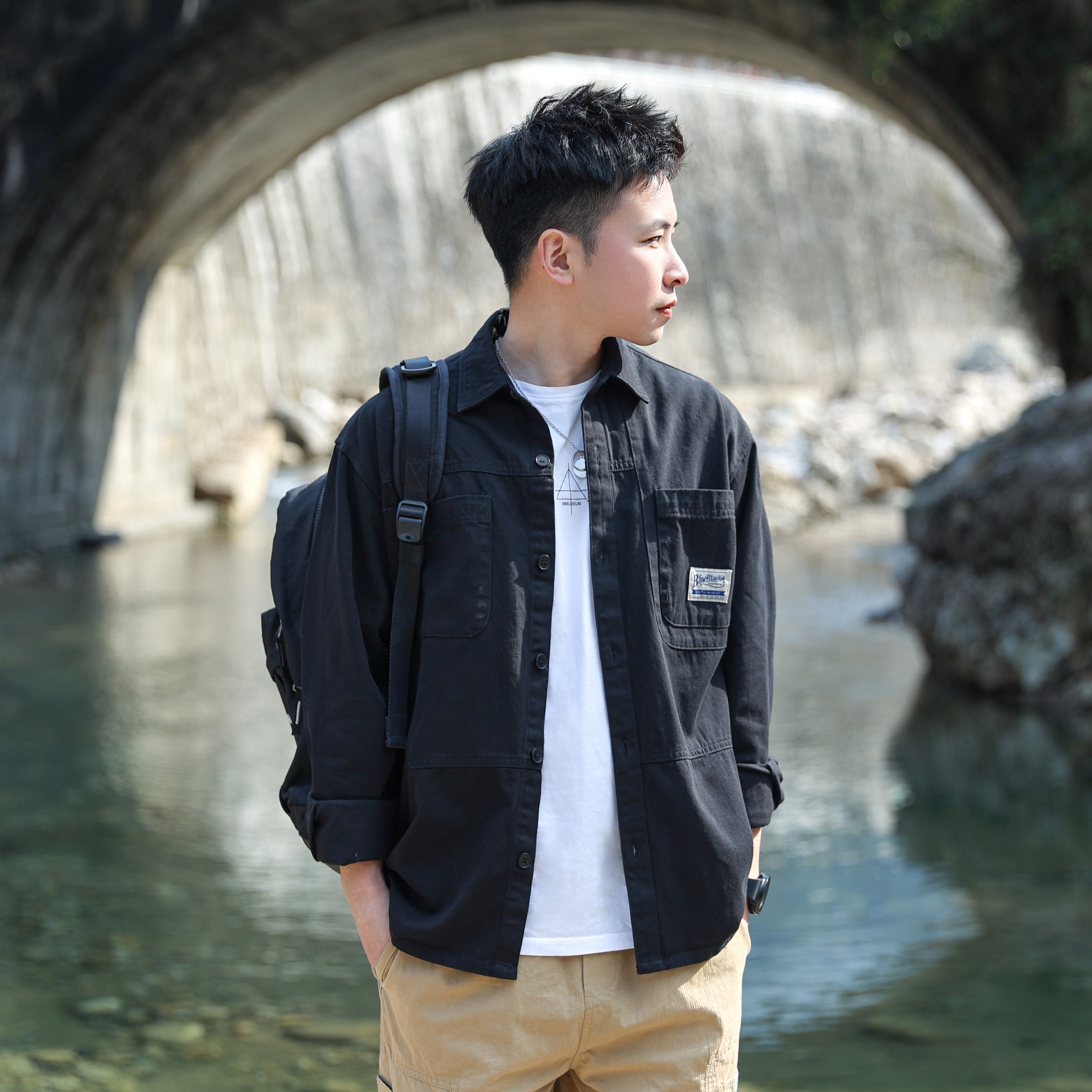 2022春秋季新款日系工装衬衫男潮流休闲潮牌衬衣宽松上衣口袋外套