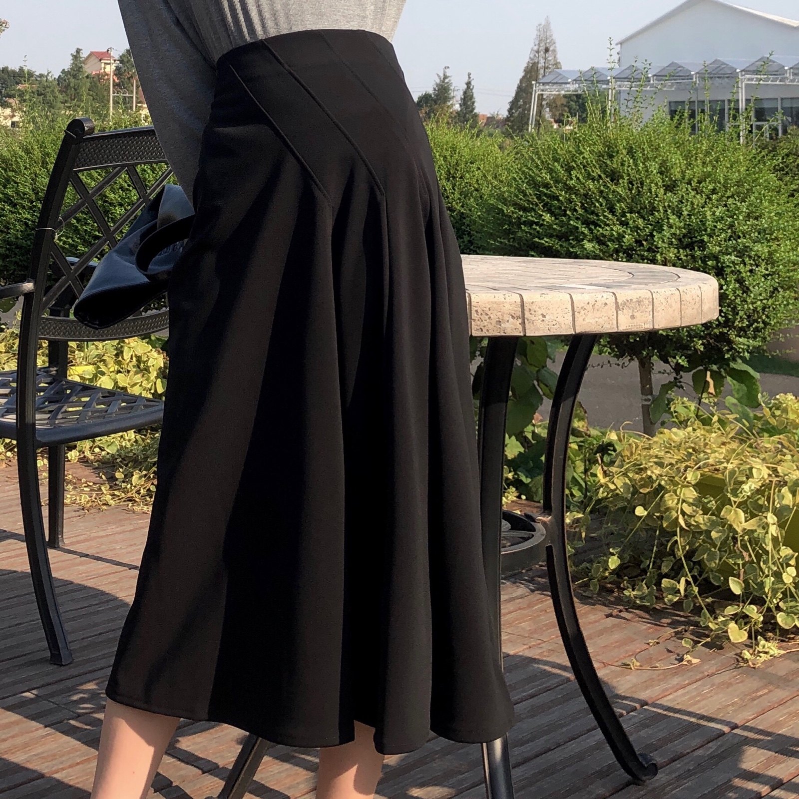 春秋新款气质黑色百褶a字大摆长裙女中长款高腰显瘦半身裙胖m原创