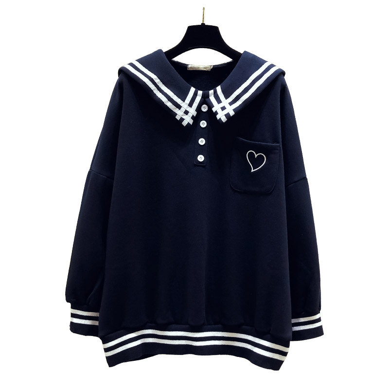 大码女装2021年早春新款胖妹妹海军领长袖上衣宽松显瘦遮肉卫衣潮