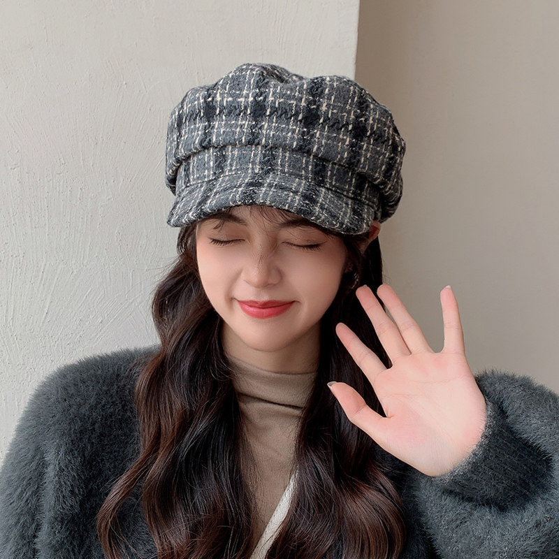 特价日本军帽复古_日本格子海军帽子女士秋冬帽子潮日系网红复古英伦