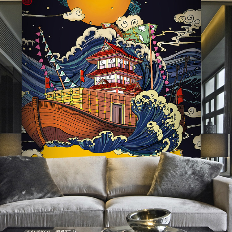 日式和风墙纸居酒屋浮世绘风格壁纸料理店鲸鱼招财猫背景墙壁画