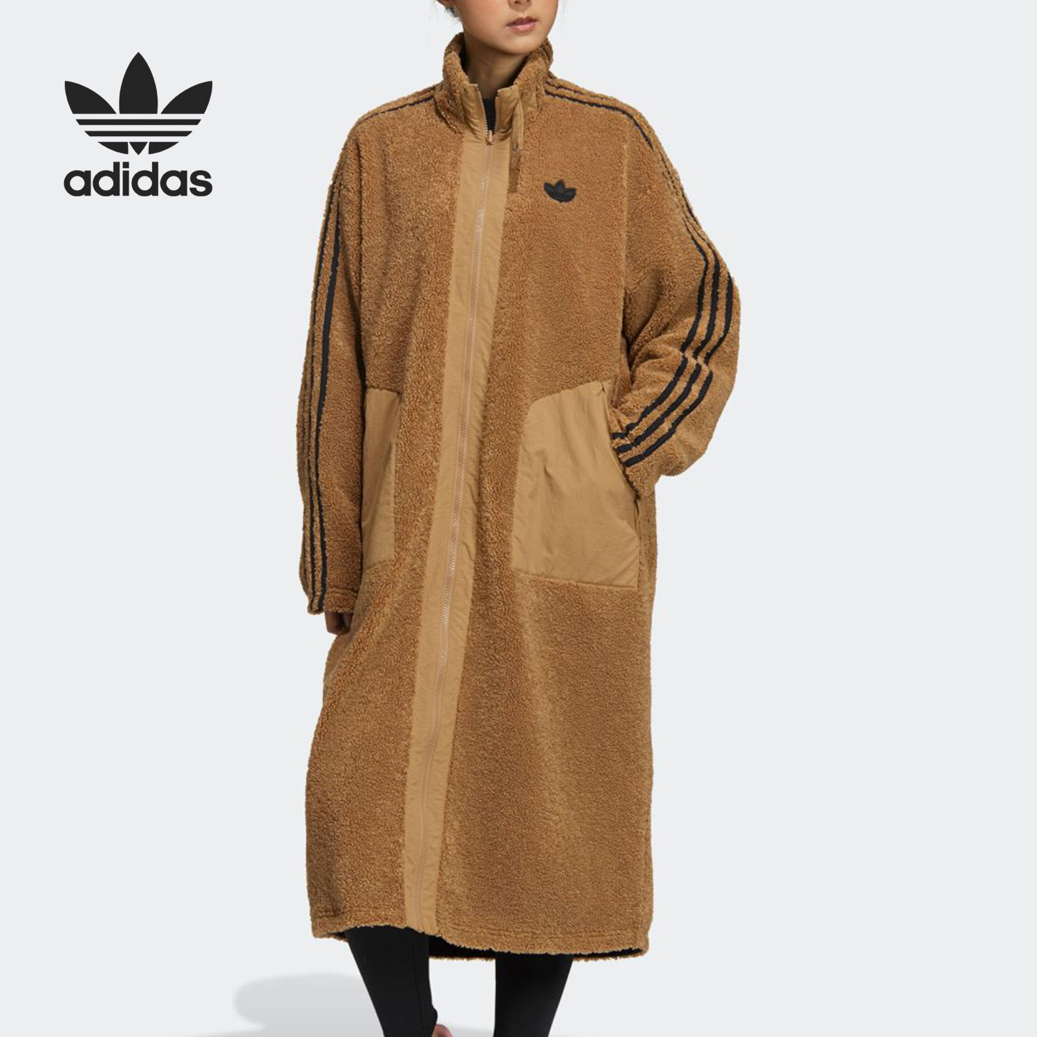 adidas/阿迪达斯正品三叶草女子羊羔绒立领长款两面穿外套gv2928